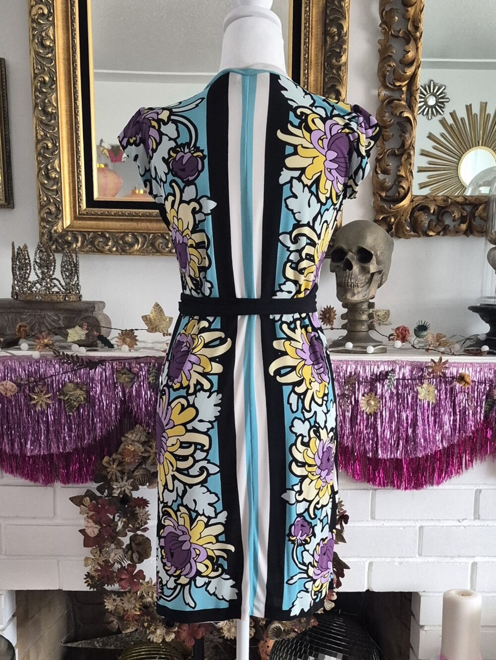 Nicole Miller Black, Purple, Yellow & Blue Geometric Floral Wrap Dress - Picture 2 of 5